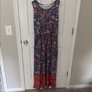 Chic Floral Sleeveless Maxi Dress - Blue, Orange and Red